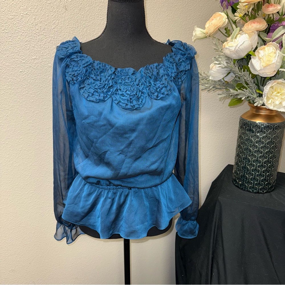 Adrianna Papell Blue Chiffon Rosette Peplum Sheer Sleeve Blouse